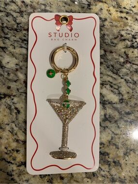 Studio Gold Martini Glass Keyring/Bag Charm with Green Olive Accents